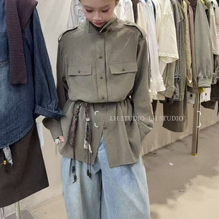 阿兰家秋季气质翻领拉链式暗扣抽褶收腰显瘦百搭风衣外套女8517