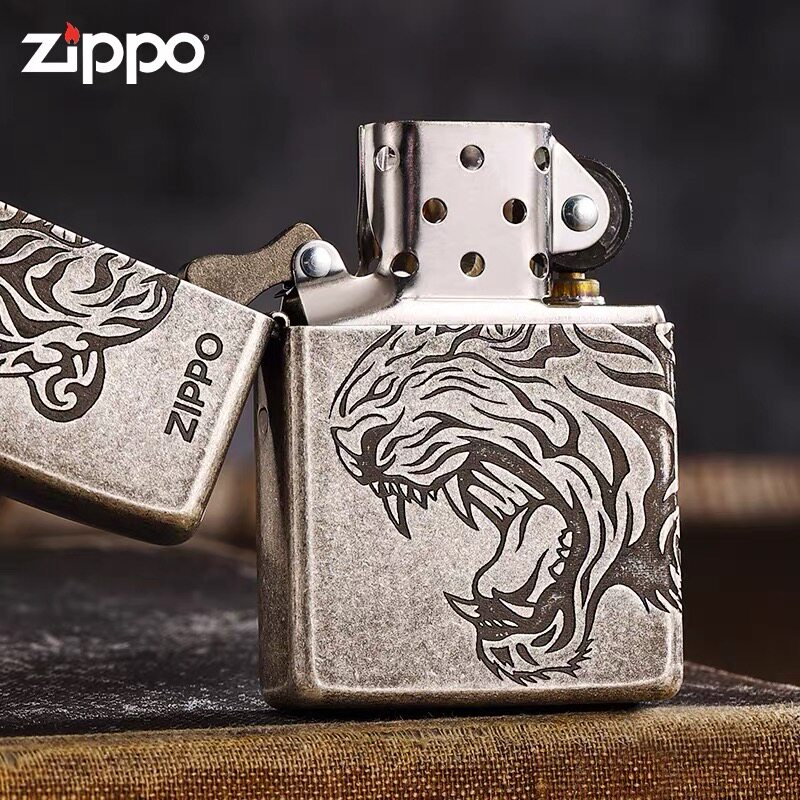 zippo打火机古银蚀刻古银霸气老虎头个性定制虎年男士礼物套装