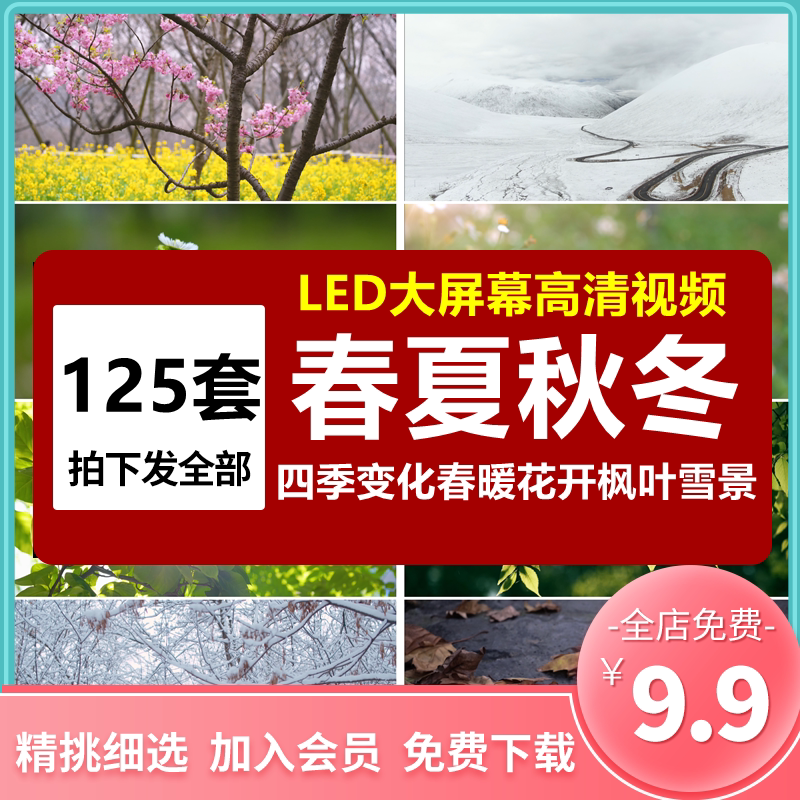 秋天冬天夏天春天春夏秋冬四季变化雪景花草背景动态led视频素材