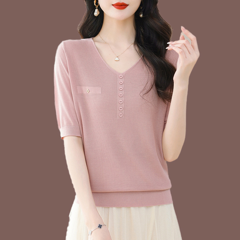 桑蚕丝短袖t恤女夏季2025新款宽松妈妈大版体恤衫V领短款薄款上衣