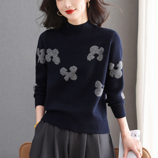 恒源祥半高领羊毛衫女2025新款爆款提花短款针织衫小个子打底衫