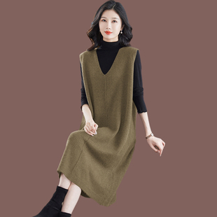 高端羊绒衫 鸡心领毛衣裙显瘦过膝马甲背心裙 针织连衣裙女春秋新款