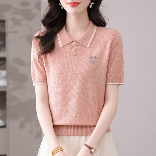 恒源祥桑蚕丝短袖提花针织衫女夏