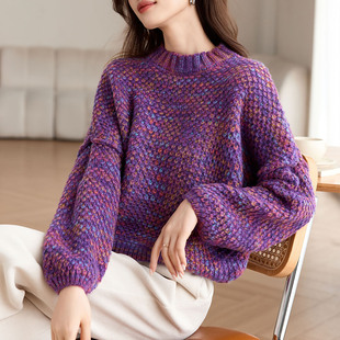 宽松加厚粗线针织上衣 女慵懒风圆领套头彩色毛衣大码 秋冬季 羊毛衫