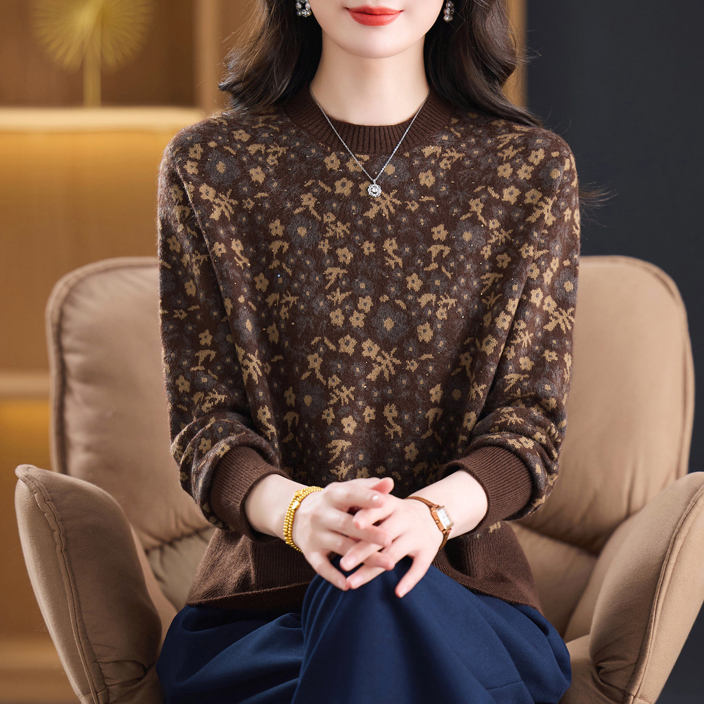 恒源祥羊毛衫女圆领碎花秋冬新款洋气妈妈装宽松百搭套头针织毛衣