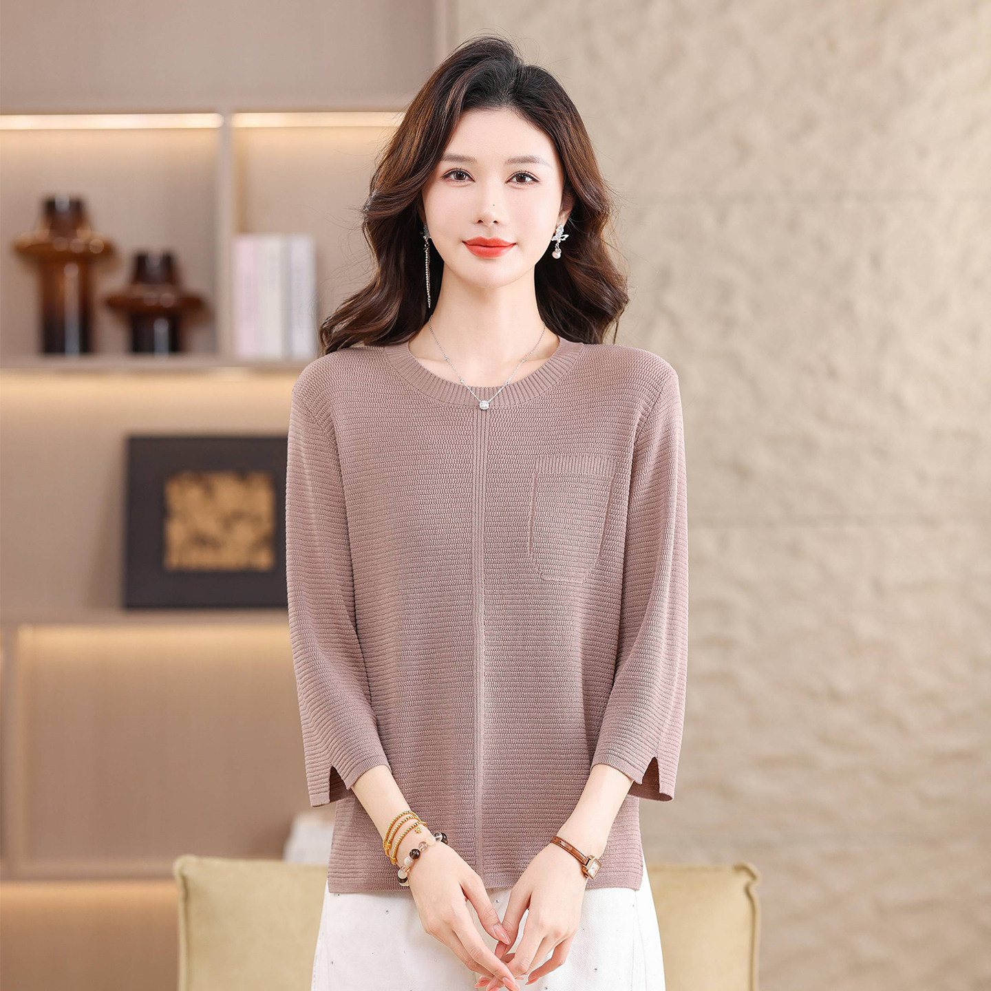 恒源祥桑蚕丝轻奢通勤针织衫女图片