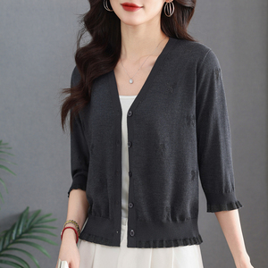 恒源祥夏季桑蚕丝V领七分袖薄款针织开衫女短款防晒披肩镂空外套