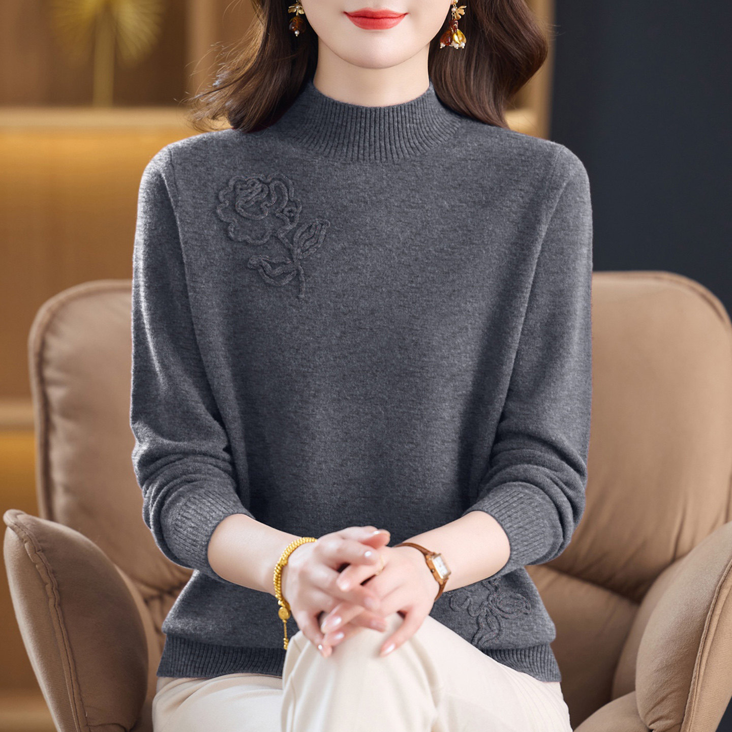 恒源祥100%纯羊毛衫女秋冬新款半高领加厚毛衣时尚百搭宽松打底衫