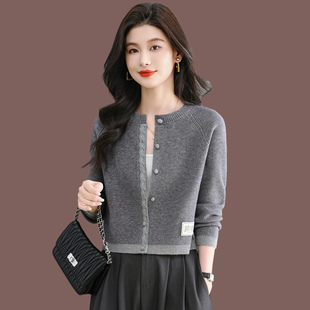 羊绒针织衫开衫女小个子春秋新款蕾丝圆领上衣高腰短款毛衣小外套