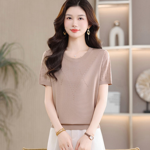 妈妈装桑蚕丝短袖T恤女透气显瘦