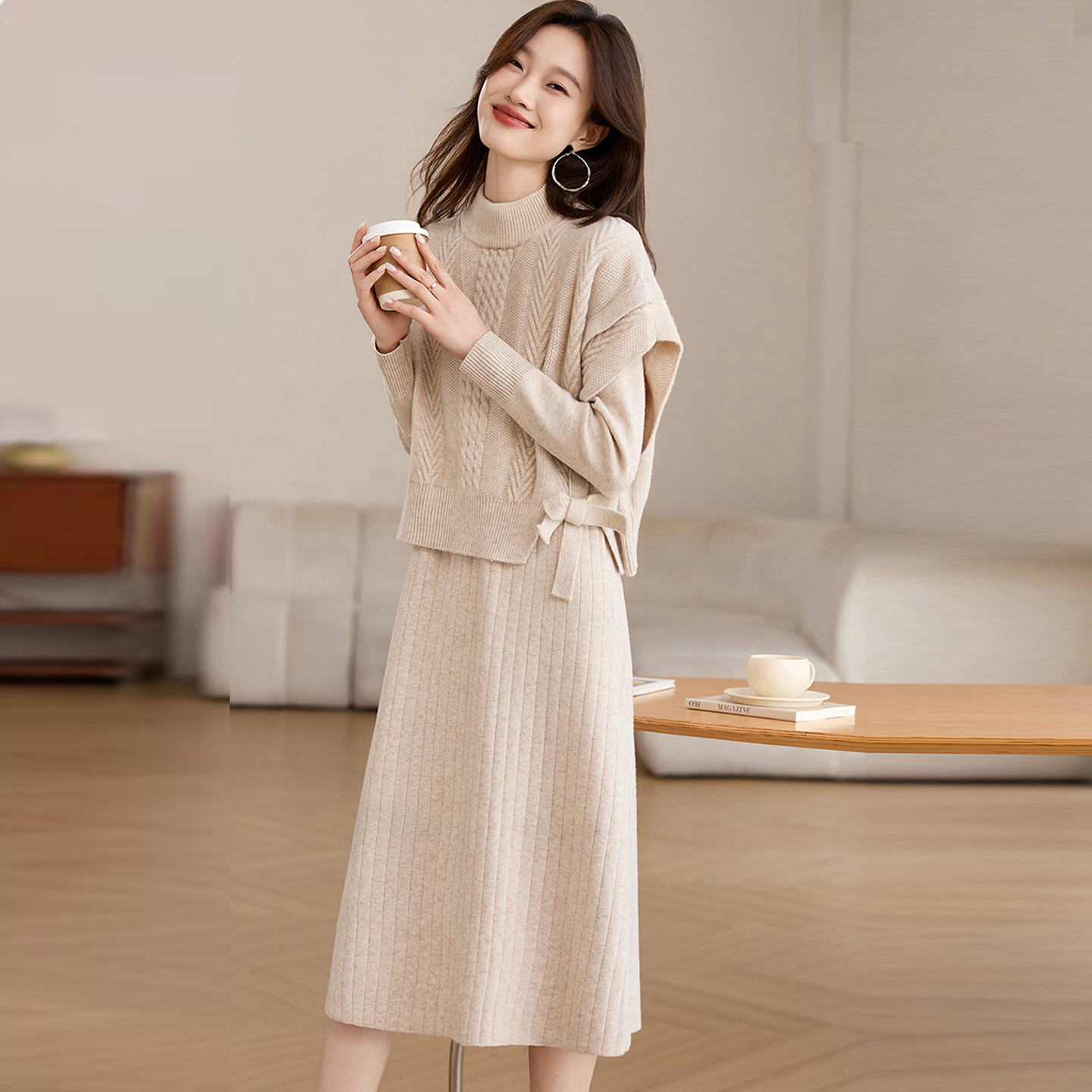 恒源祥羊毛针织连衣裙套装女秋冬