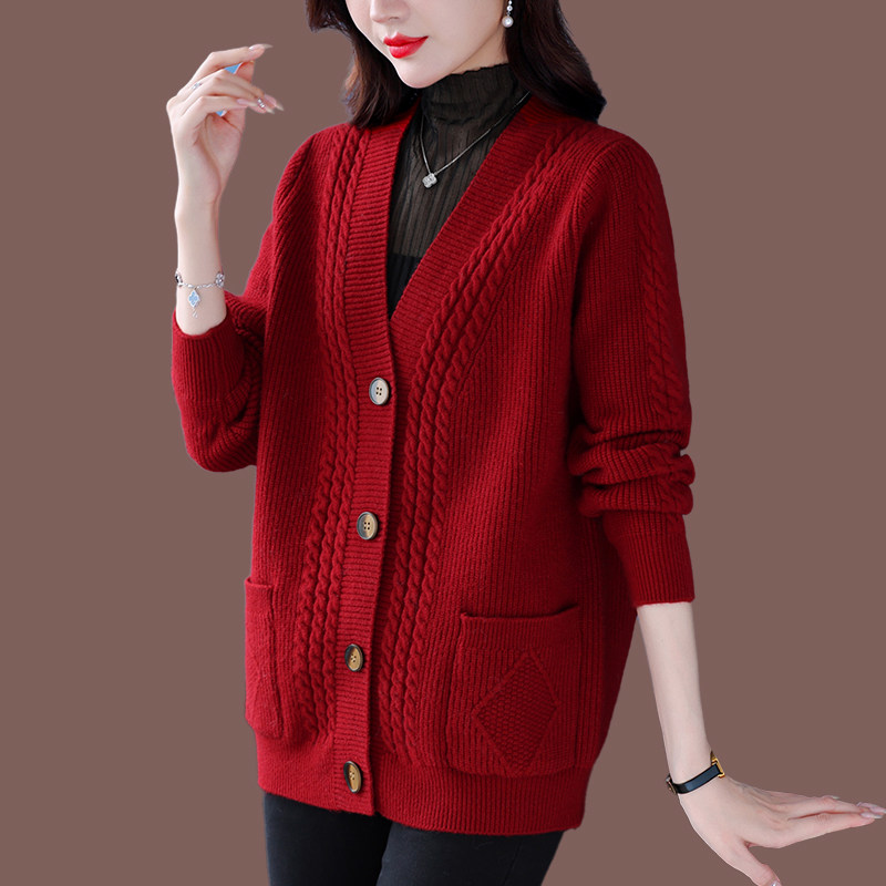 高端羊绒衫针织开衫女外穿秋冬新款宽松上衣妈妈加厚大码毛衣外套