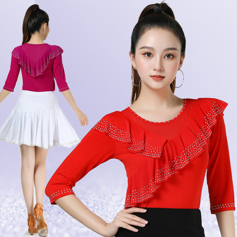 拉丁舞演出服圆领荷叶边中袖摩登舞演出服上衣水晶麻三步踩跳舞服