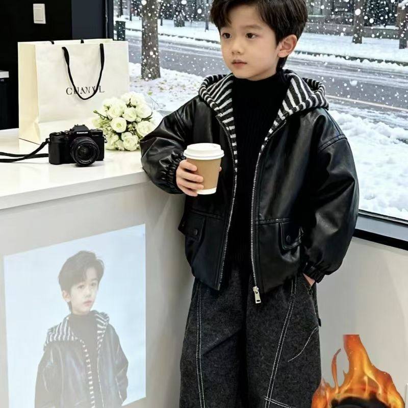 男童帅气加绒皮衣外套新款秋冬季加厚儿童时尚百搭上衣潮