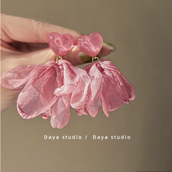 圆脸适合甜美粉爱心雪纺花瓣耳环