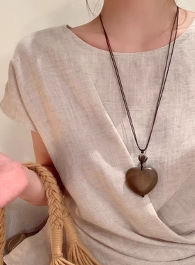 新中式禅意设计木质菩提爱心项链女复古小众长款颈链配饰毛衣链