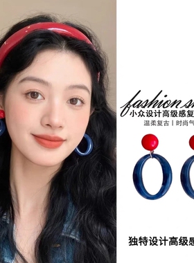 迷雾蓝色几何圆片耳环女轻奢高级感复古港风耳钉独特设计夸张耳饰