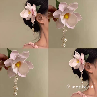 粉色玉兰花珍珠流苏发夹新中式温柔高级感春季新款夹子头饰发夹女