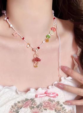 春日彩色多巴胺蘑菇琉璃串珠项链女清新甜美度假风颈链精致锁骨链