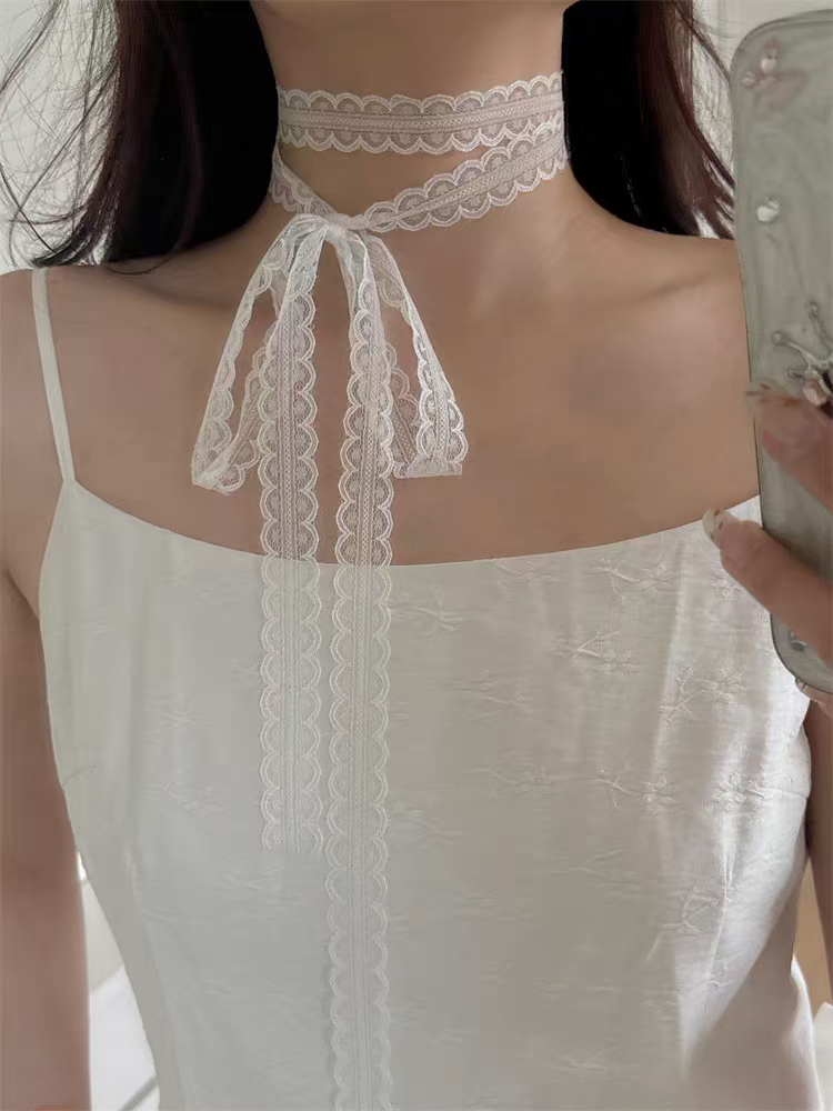 系带蝴蝶结白色蕾丝飘带项链女款叠戴细窄丝带百搭锁骨链颈带丝巾