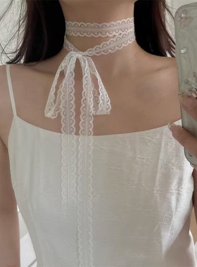 系带蝴蝶结白色蕾丝飘带项链女款叠戴细窄丝带百搭锁骨链颈带丝巾