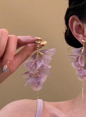 柔紫纤蕙~森系花朵耳钉紫色花瓣流苏耳环女2025高级感度假风耳饰
