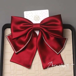 新款酒红色缎面大蝴蝶结发夹复古新娘敬酒服头饰高级感女订婚发饰