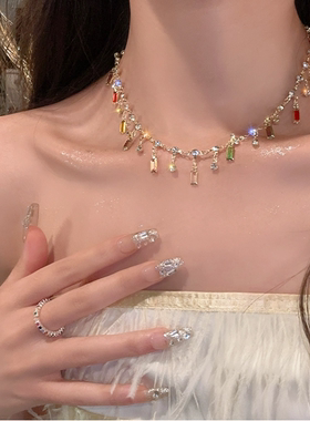 彩色水晶精致流苏项链女轻奢