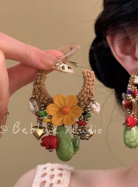 扶桑花林~复古绿色花朵流苏耳圈女海边度假风耳环波西米亚风耳饰