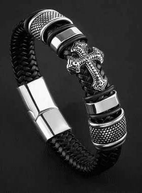 欧美黑武士十字架手链男士皮绳编织手绳钛钢潮人霸气送男友礼物酷