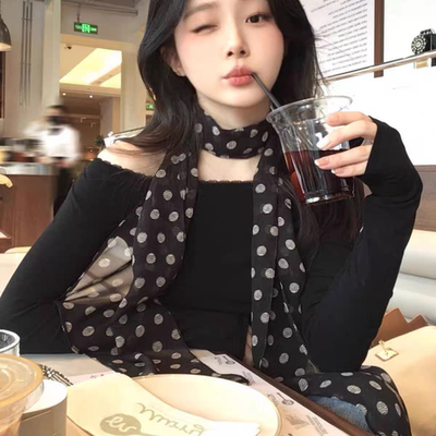 法式波点长条丝巾女春夏季薄款高级感围巾y2k辣妹千禧风飘带围脖