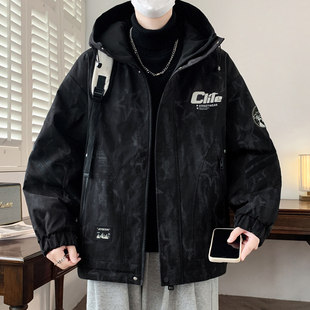 棉衣男青年新款冲锋衣秋冬休闲保暖夹克加绒薄厚可选连帽泼墨外套