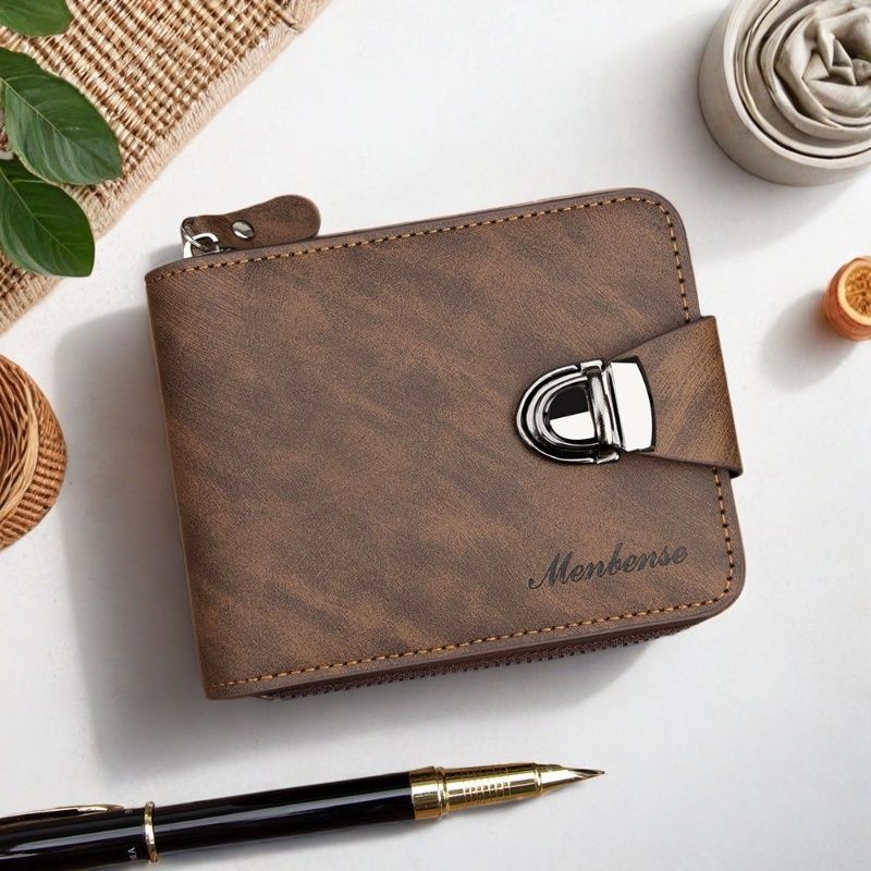 新款时尚锁扣男士短款活页围链钱包三折合页男包碎银袋零钱包