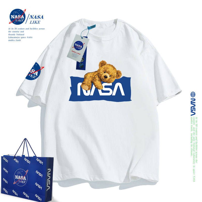 NASA小熊白色T恤儿童一家三口亲子装男童短袖夏装潮牌纯棉上衣服