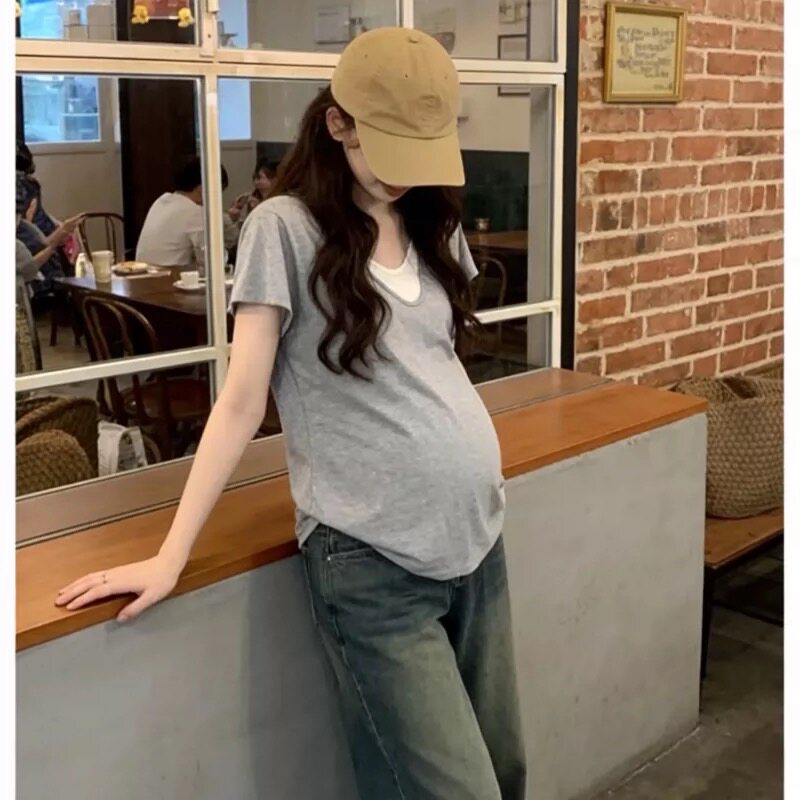 孕妇装韩版2026夏季新款V领宽松遮肚显瘦休闲假两件孕妇T恤短袖女