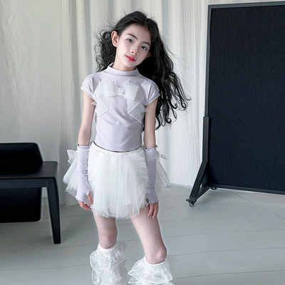 甜美少女风女童夏季蝴蝶结上衣网纱蓬蓬裙2件套小个子套装
