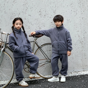 冬季奥利绒加绒加厚款外穿情侣亲子家居服套装女童大男童小孩宝宝