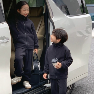 冬季奥利绒加绒加厚款外穿家居服套装儿童睡衣女童大男童小孩宝宝