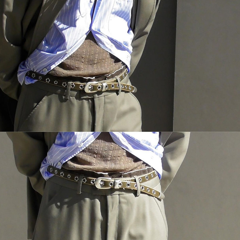 OUR花朵铆钉真皮复古手工素色皮革小众裤皮带腰带男女款