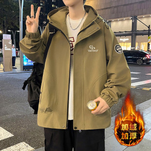 青少年加绒加厚外套男秋冬季户外休闲冲锋衣初中高中学生冬装夹克