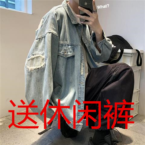 破洞炸街外套高级范男春秋痞帅港风欧美上衣工装牛仔夹克oversize