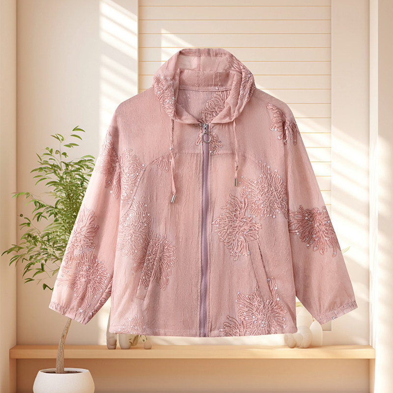 【精品防晒衣】夏季刺绣薄款雪纺透明洋气女士防晒服宽松拉链外套
