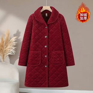 中老年女装妈妈装灯芯绒棉衣中长款大码条绒保暖加绒加厚冬装棉袄