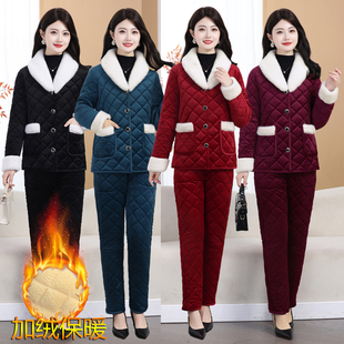 套装 高档时尚 保暖冬装 西装 中老年女装 领加绒加厚棉衣棉裤 妈妈装