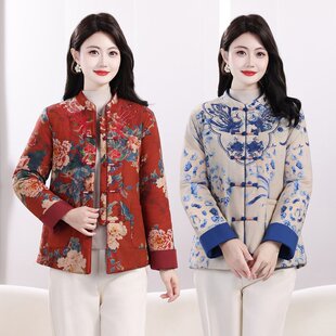 秋冬装改良旗袍棉袄中老年女装唐装绣花棉服妈妈装国风款印花棉衣