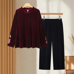 春装新款胖人妈妈装中老年人女装200斤金丝绒绣花打底衫长裤套装