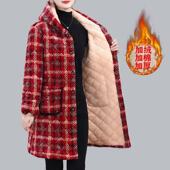 中老年女妈妈装 中长款 棉袄保暖三层夹棉加绒加厚格子连帽棉衣罩衣