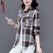长袖 春夏季 女士衬衫 衬衣外套宽松纯棉百搭格子休闲宽松显瘦风衣潮