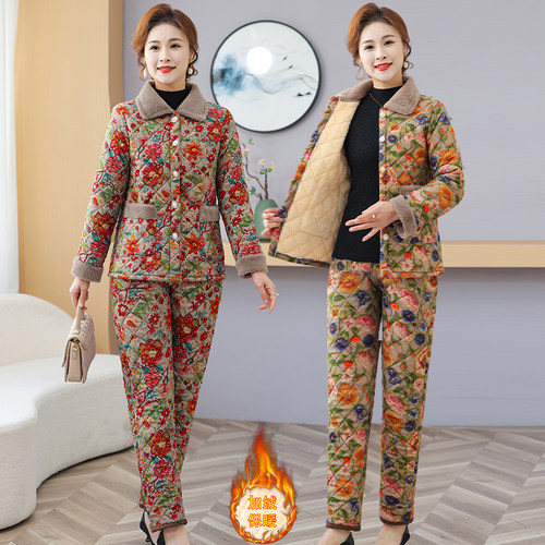 妈妈加绒加厚碎花棉衣外套套装