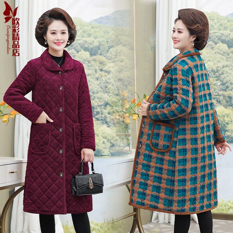 冬季新款棉袄长款过膝棉衣翻领条绒妈妈装中老年人女装奶奶装棉袄,女装/女士精品,中老年女装,淘宝优惠券,粉丝福利购,淘宝优惠卷